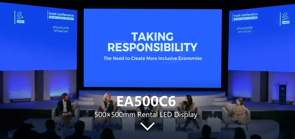 EA500C6 500x500 mm rental LED display at a conference stage