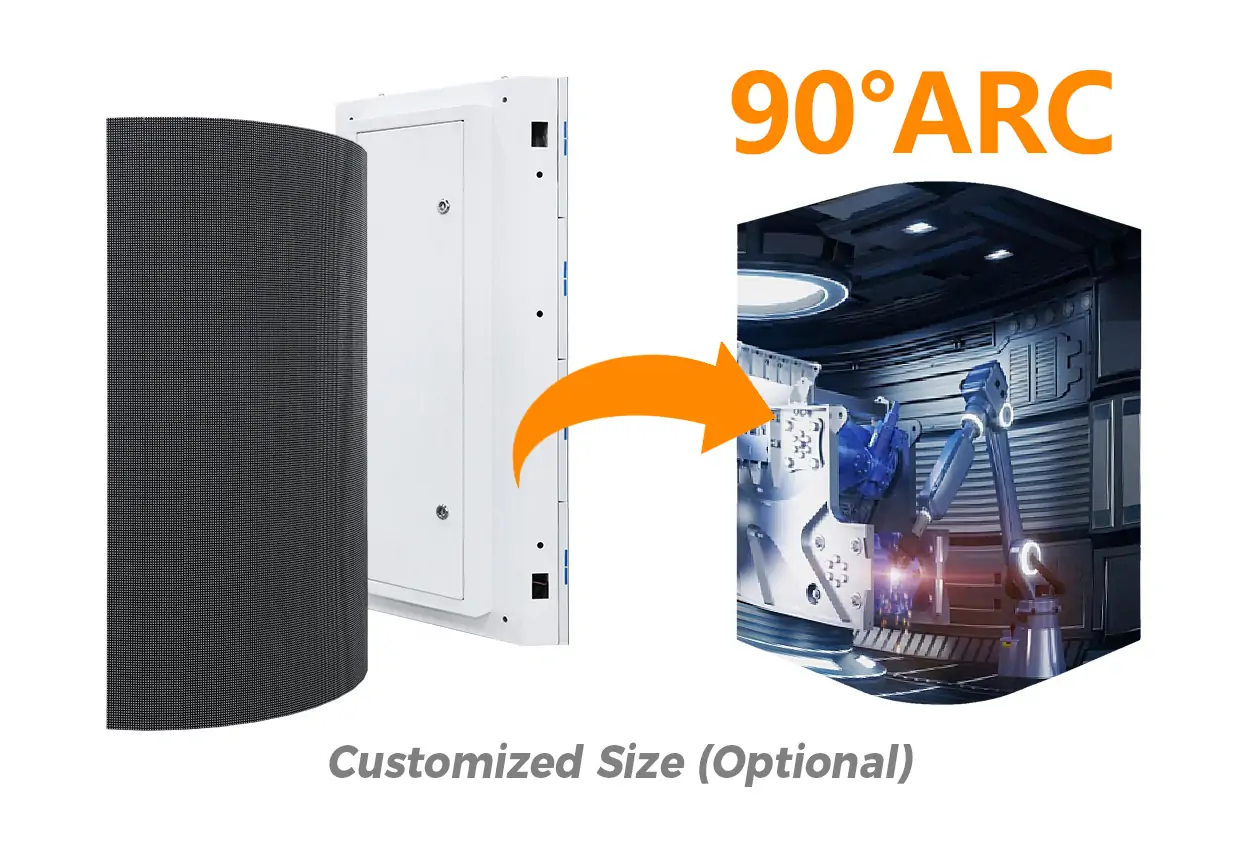 Optional 90° Curved Cabinet - EagerLED | Leading LED Screen Supplier - EagerLED | Leading LED Screen Supplier Curved black LED panel feeding into a white mounting unit, arrow pointing to a robotic machine, with '90° ARC' and 'Customized Size (Optional)' captions.