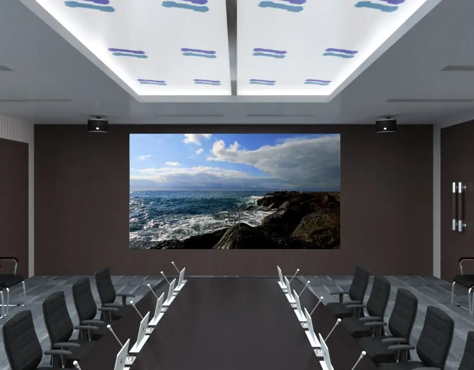 Fine-pitch indoor LED video wall installed in a corporate conference room and viewed from the meeting table