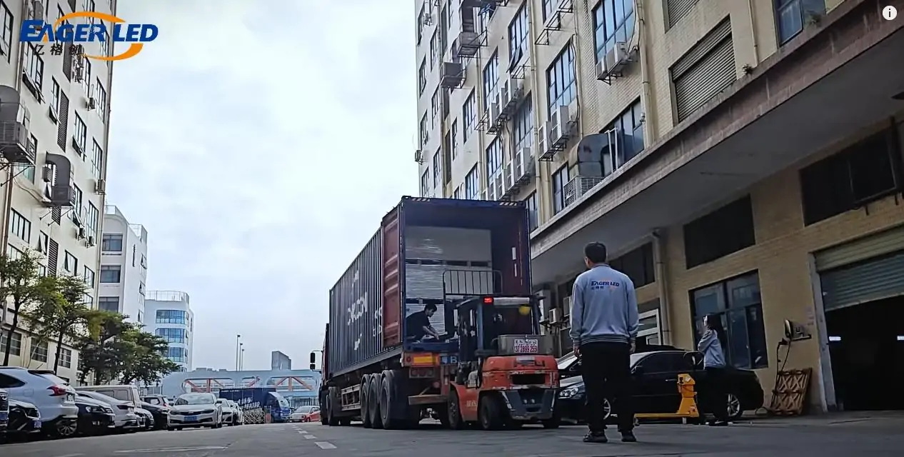 LED advertising screens boxed up aand put on a truck