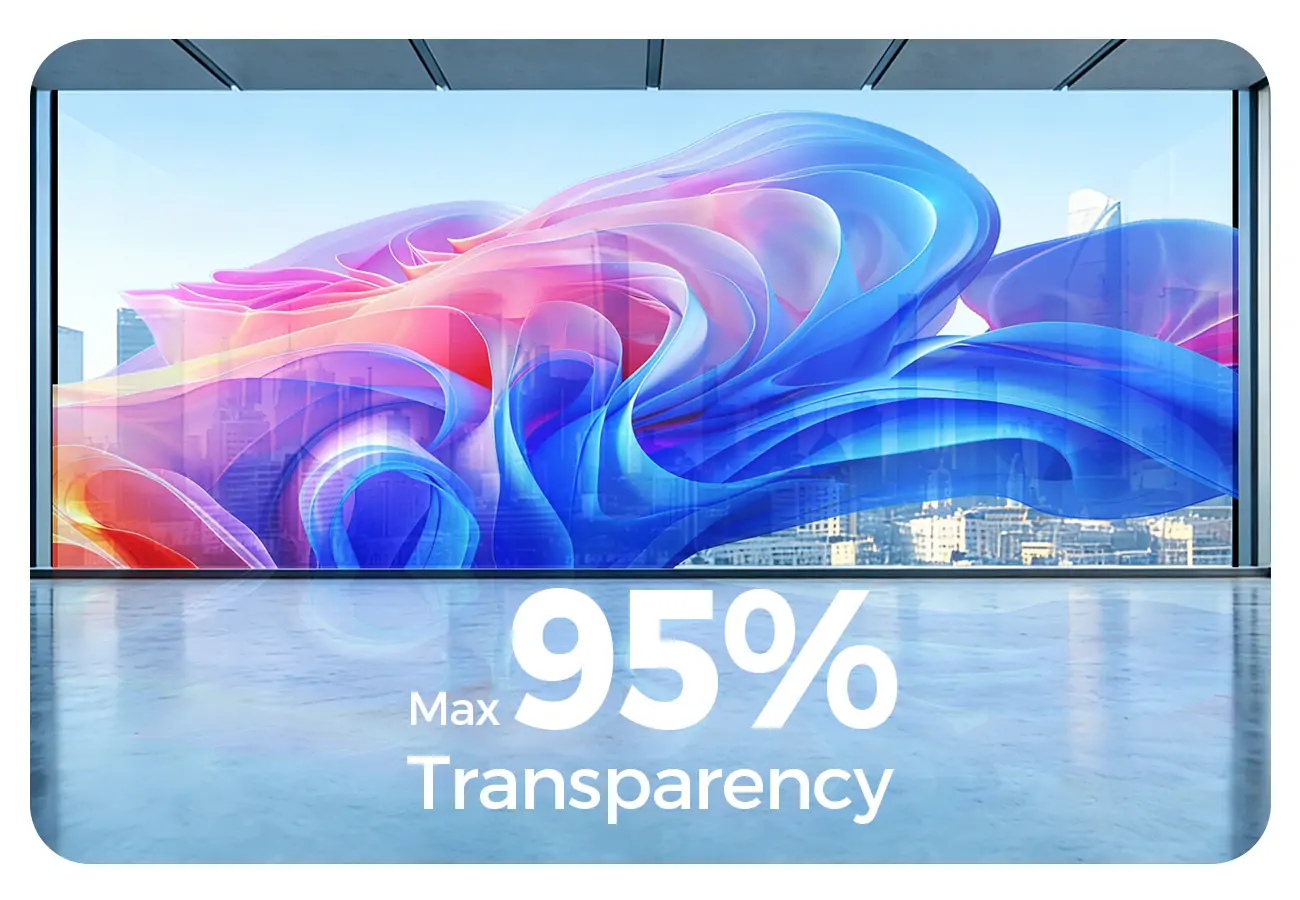 95 High Transparency - EagerLED | Leading LED Screen Supplier - EagerLED | Leading LED Screen Supplier Abstract swirls of blue, pink, and purple behind a glass wall with the text 'Max 95% Transparency'.