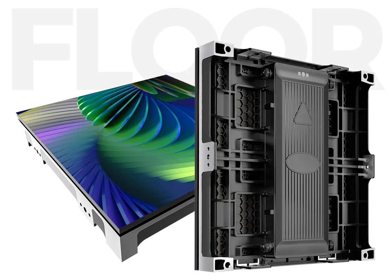 Flat-screen monitor with a colorful display beside a large black modular video wall cabinet.