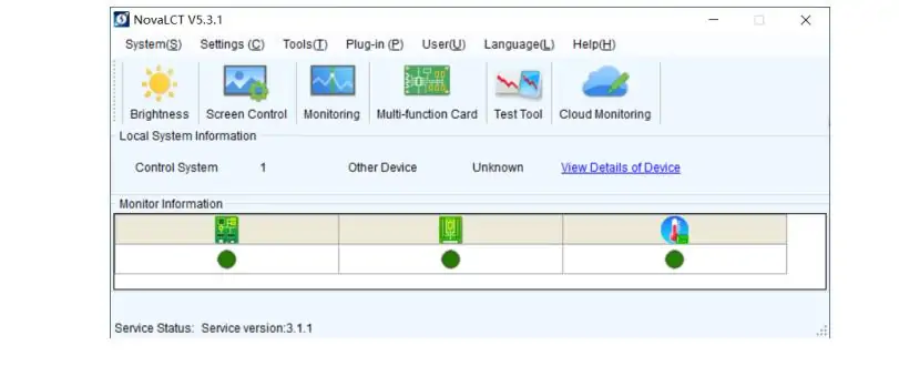 NovaLCT v5.3.1 window with a toolbar of icons for Brightness, Screen Control, Monitoring, Multi-function Card, Test Tool, Cloud Monitoring; Local System Information shows Control System 1 and Unknown device; Monitor Information row displays three device icons with green status dots; bottom shows Service Status: version 3.1.1.