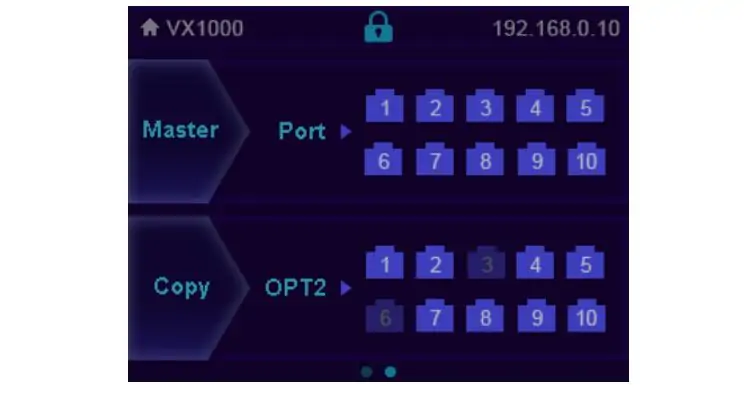 Network device UI showing two groups (Master/Port and Copy/OPT2) with port tiles 1–10 and a top status bar (VX1000, lock, 192.168.0.10).