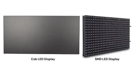 Comparison of two LED displays: a Cob LED Display on the left and an SMD LED Display on the right, shown side by side