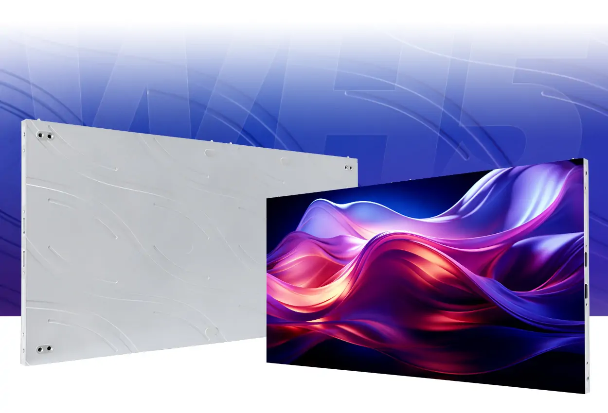EA250WH5 indoor LED screen wall Modular LED video wall panel with a colorful abstract screen on the right and a light gray back panel on the left.
