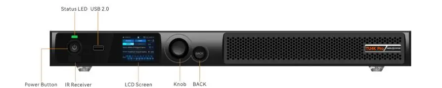 Front panel with power button, IR receiver, LCD screen, navigation knob, Back button, status LED, USB 2.0, and a ventilation grille.