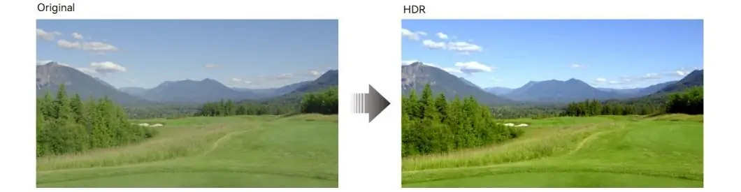 Side-by-side comparison: original landscape photo of mountains and golf course on the left; HDR version on the right with brighter sky and more vivid greens.