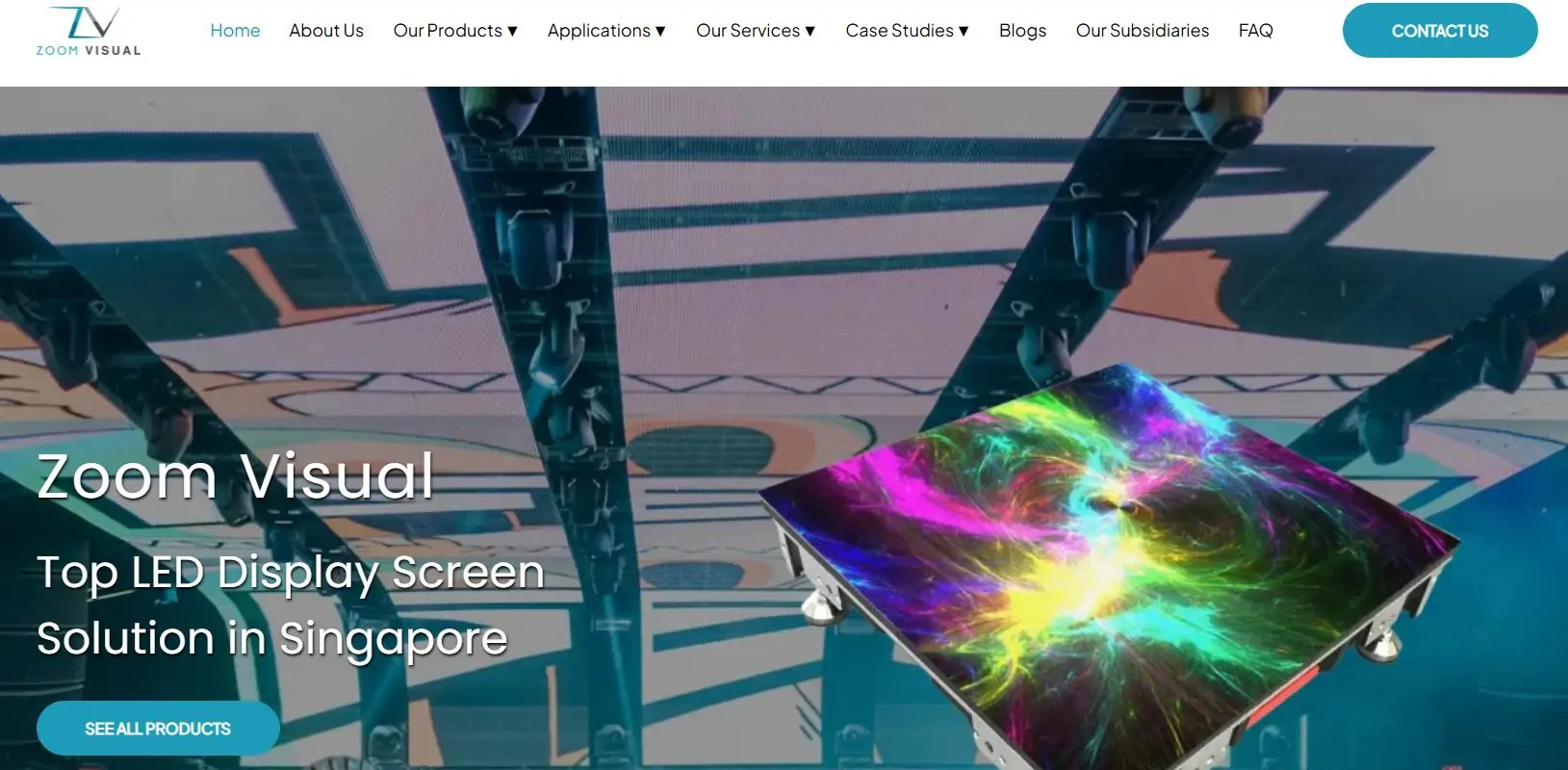 Hero banner showing a colorful LED display panel suspended in a studio with rigging overhead, promoting Zoom Visual's top LED display screen solutions in Singapore.