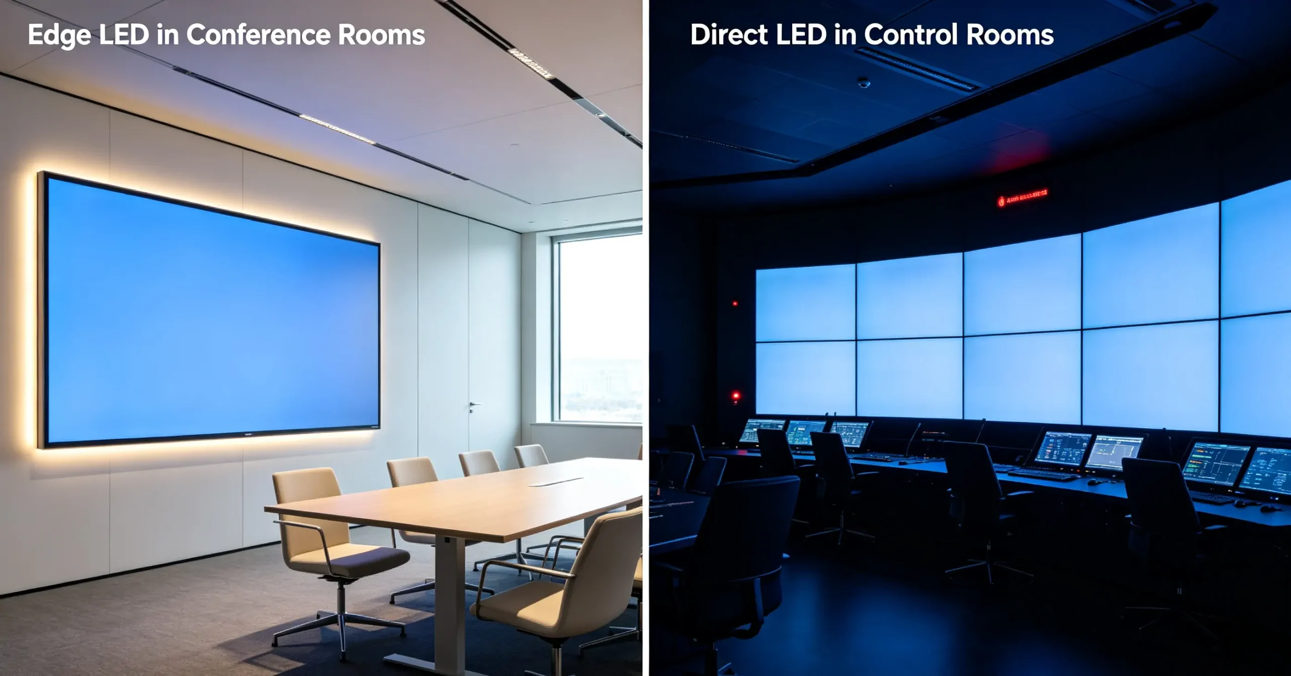 Direct LED and Edge LED Applications - EagerLED | Leading LED Screen Supplier - EagerLED | Leading LED Screen Supplier Split image showing Edge LED in a bright conference room on the left and Direct LED in a dark control room on the right, illustrating two environments.