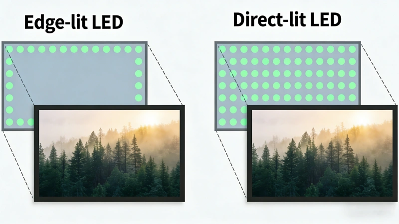 Diagram comparing edge-lit vs direct-lit LED backlights for a framed photo; edge-lit lights along panel edges, direct-lit spreads light across the panel.