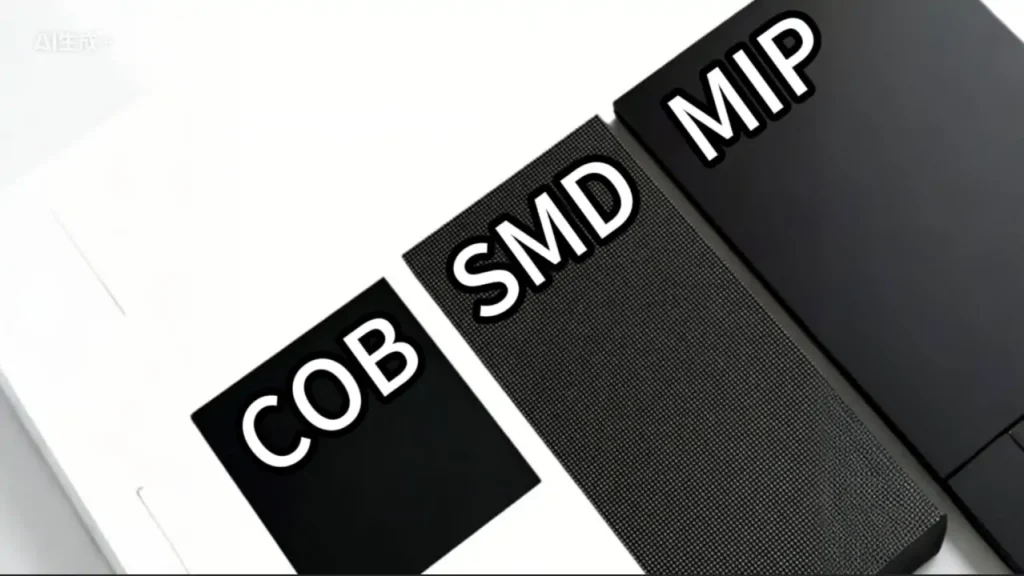 Close-up of three labeled blocks reading COB, SMD, and MIP, representing LED packaging options.