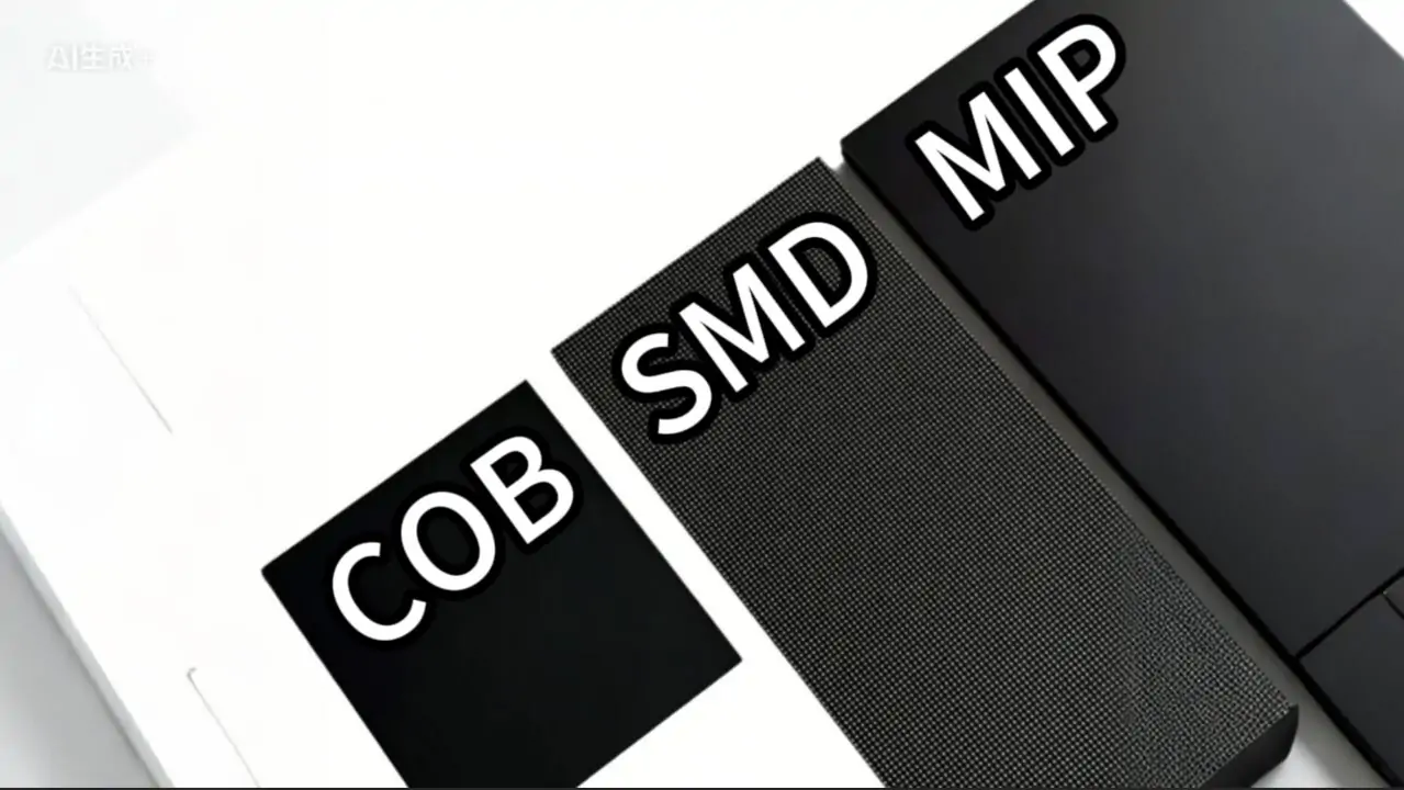 Close-up of three labeled blocks reading COB, SMD, and MIP, representing LED packaging options.