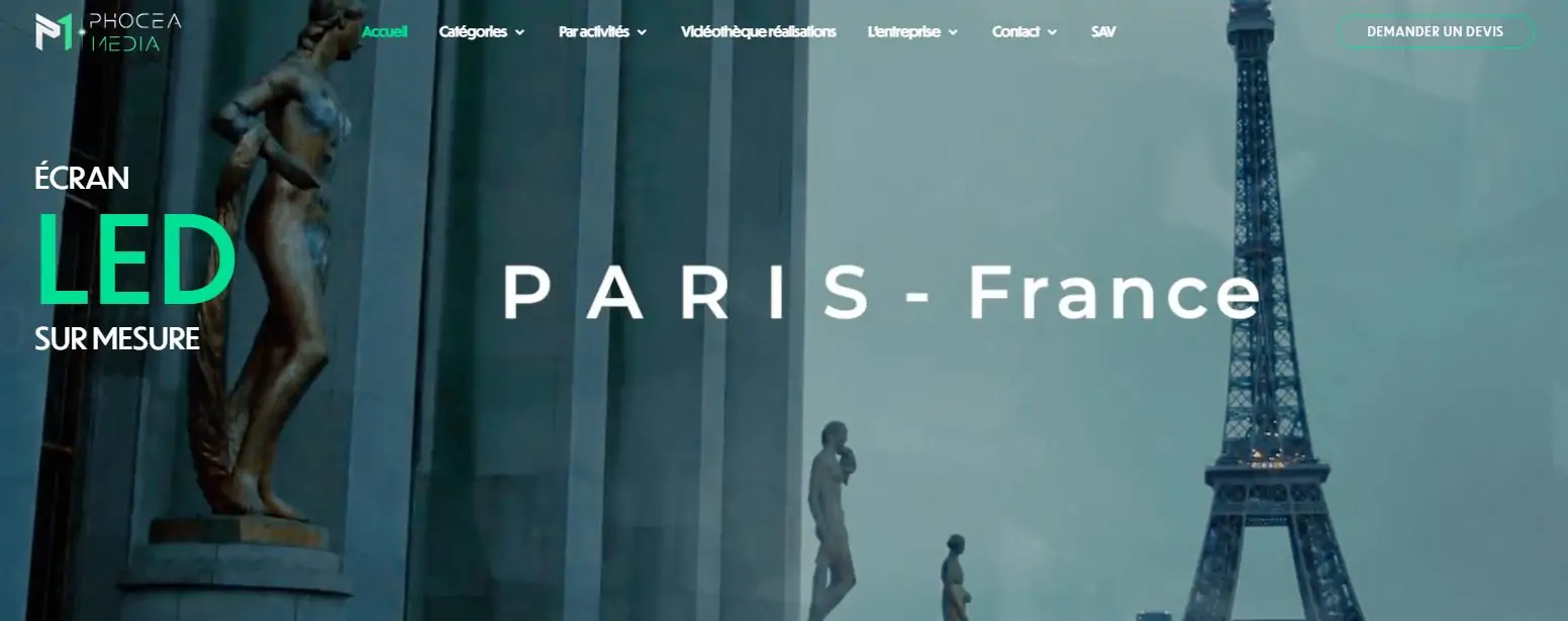 Hero banner of Paris with the Eiffel Tower and statues, promoting custom LED displays (LED SUR MESURE). Logo and navigation visible at top left.