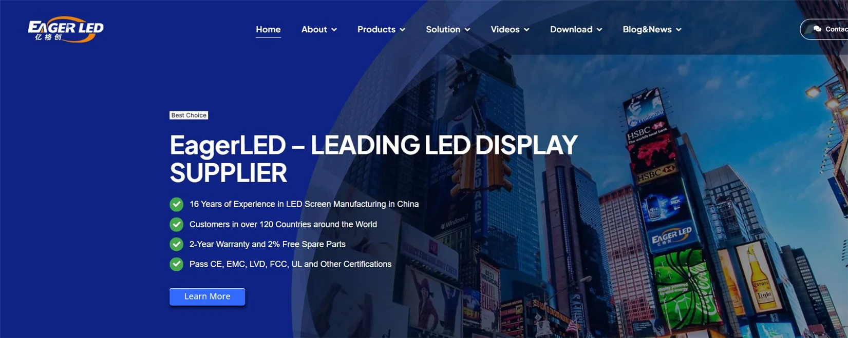 EagerLED homepage showing a large outdoor commercial LED display application