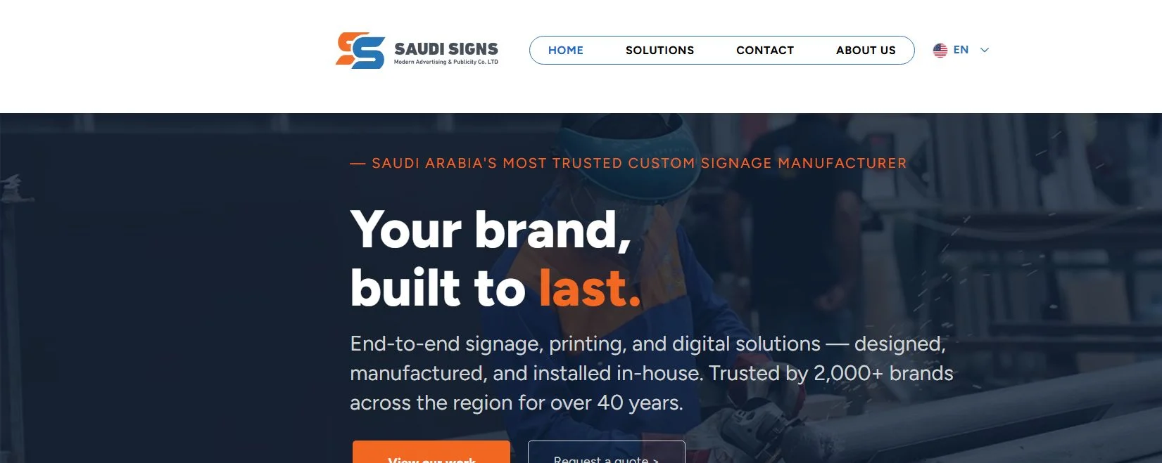 Saudi Signs homepage highlighting in-house signage and digital display manufacturing