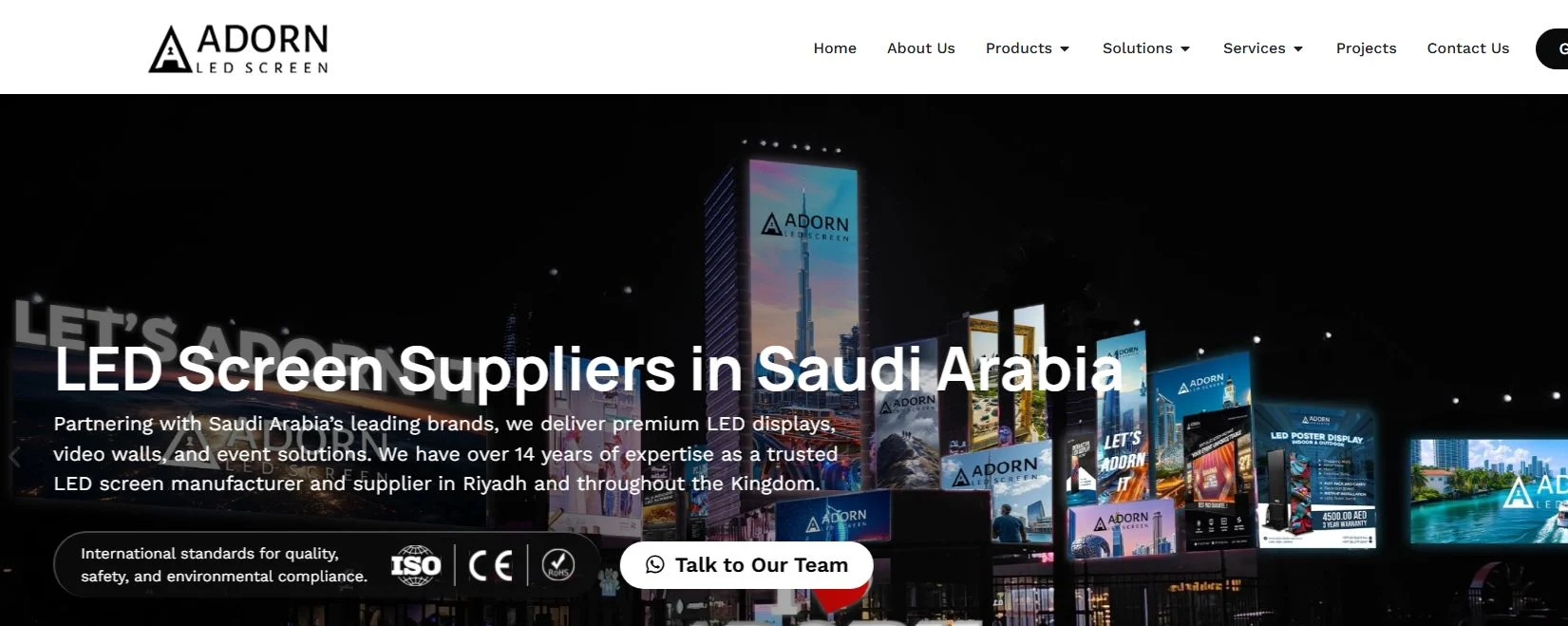 Adorn LED Screen homepage showing indoor and outdoor LED display applications