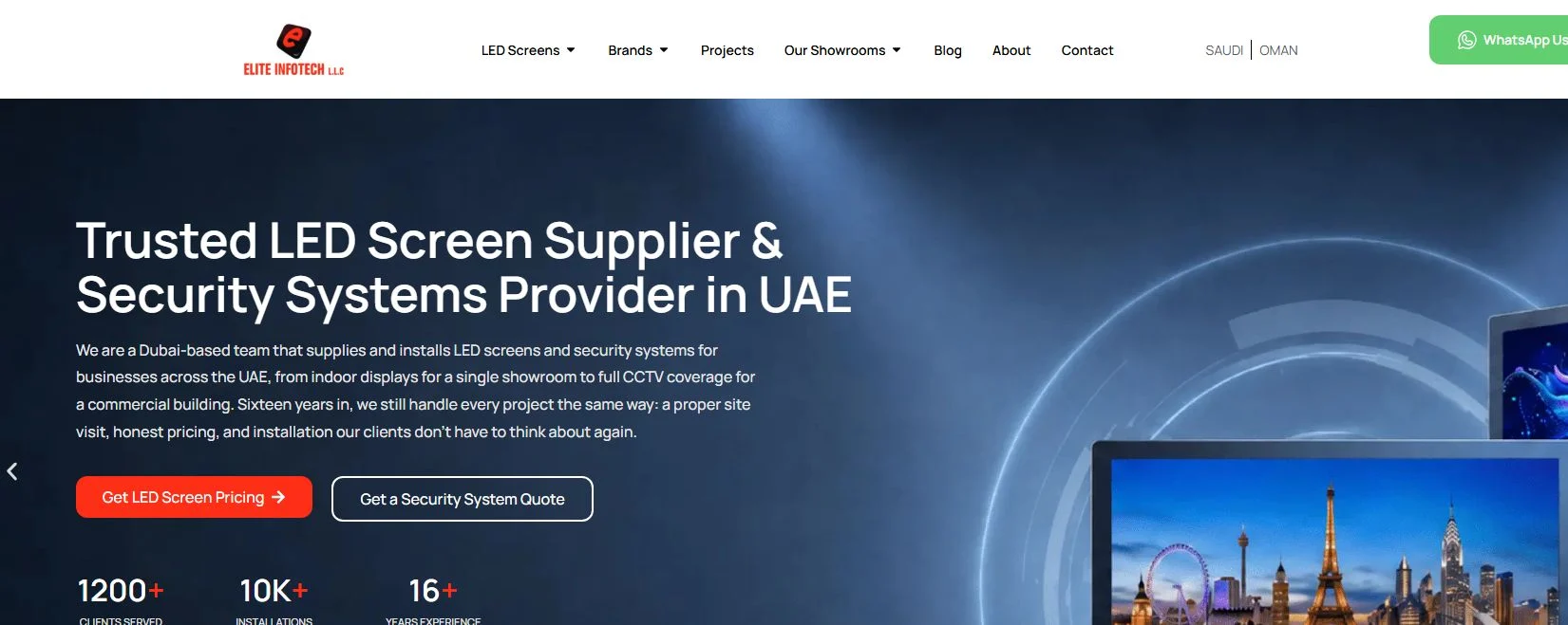 Elite Infotech homepage presenting turnkey LED screen supply and installation