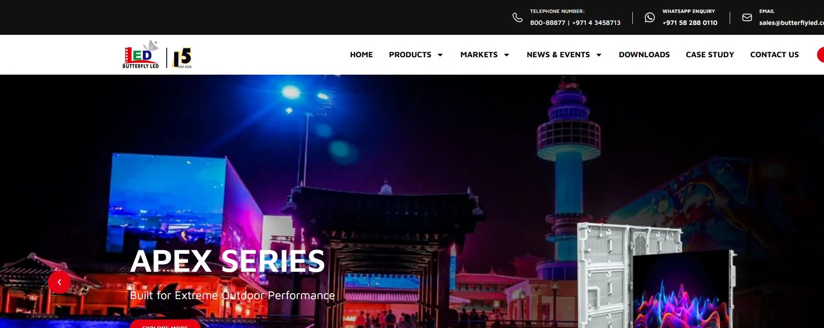 Butterfly LED homepage featuring an outdoor LED display product series