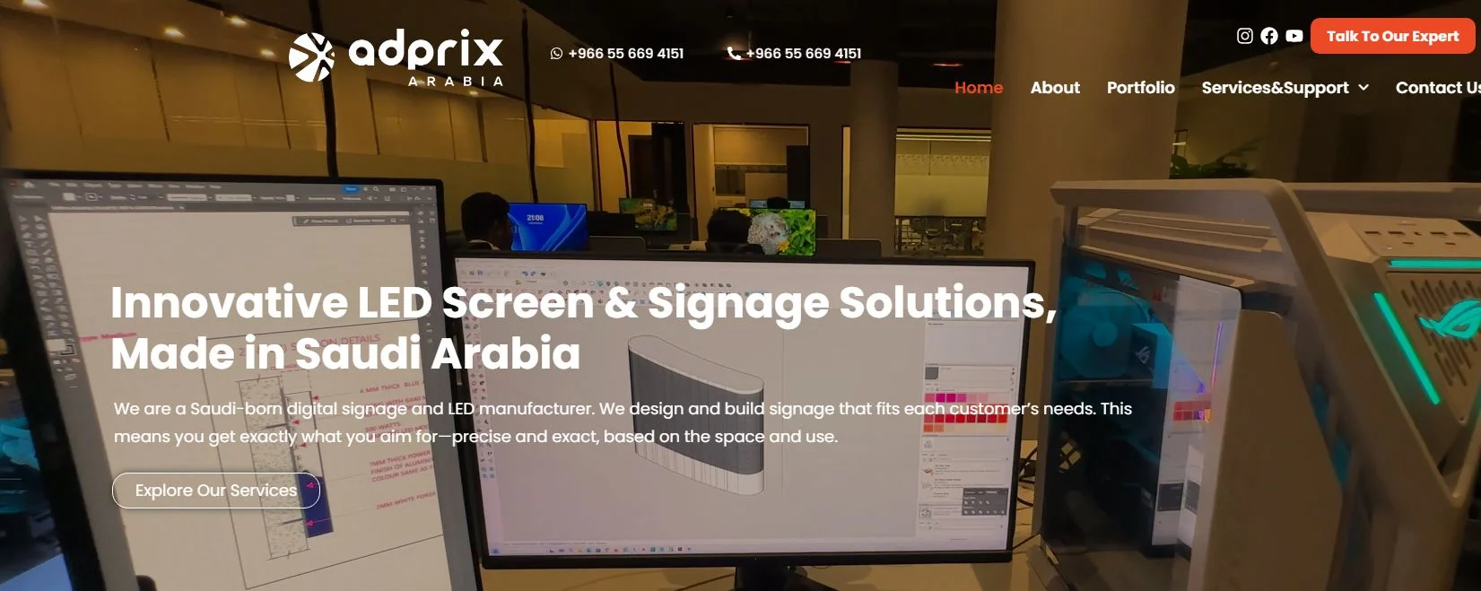 Adprix Arabia homepage showing its Saudi LED screen and signage design operation