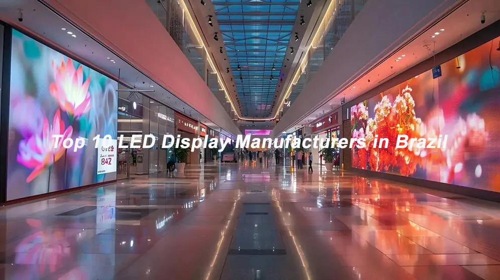 Indoor shopping mall corridor with bright LED wall displays on both sides and a bold caption reading 'Top 10 LED Display Manufacturers in Brazil'.
