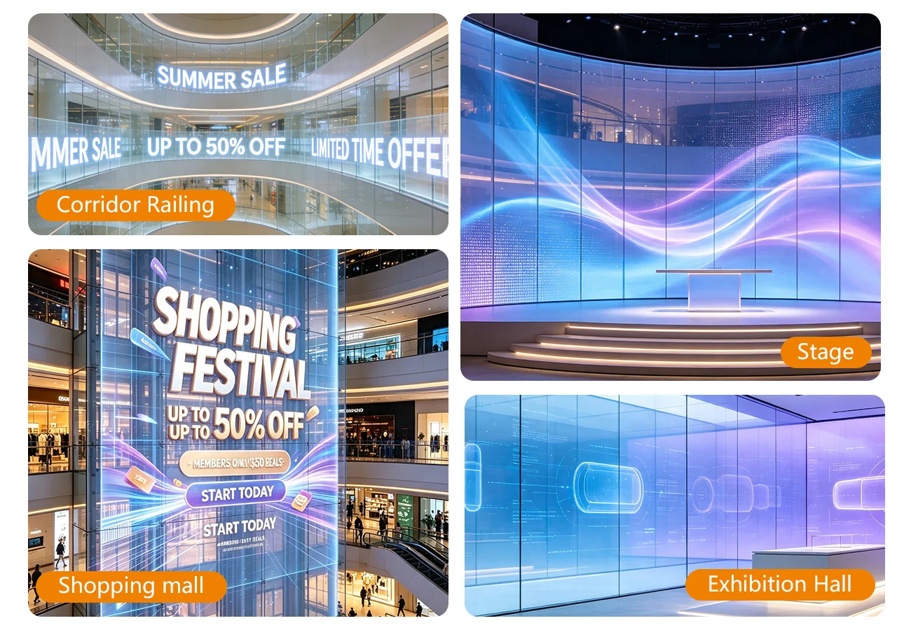 EA-iFilm2-1 - EagerLED | Leading LED Screen Supplier - EagerLED | Leading LED Screen Supplier Inside a shopping mall with curved glass walkways and bright sale banners; orange badge reads 'Corridor Railing'.