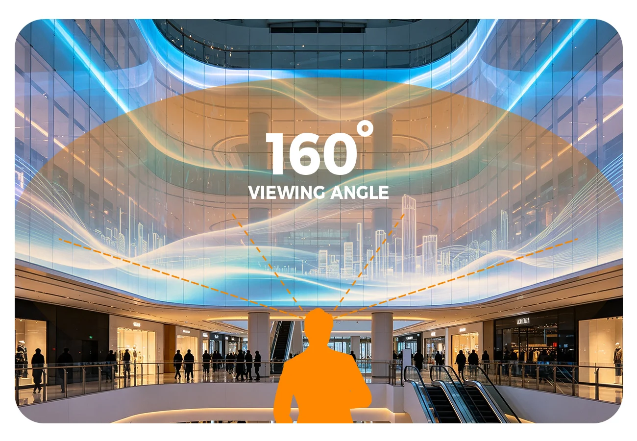 EA-iFilm2 - EagerLED | Leading LED Screen Supplier - EagerLED | Leading LED Screen Supplier Interior of a modern shopping mall with an orange silhouette in the foreground and a large overlay reading '160° VIEWING ANGLE',
