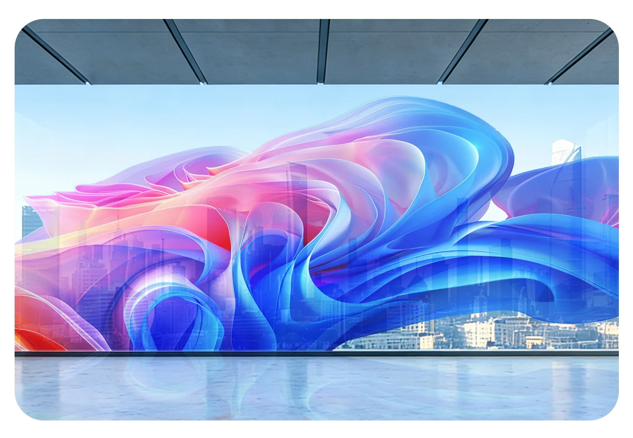 Colorful abstract glass sculpture with pink, purple, and blue swirls inside a modern gallery, city skyline reflected in the glass wall.