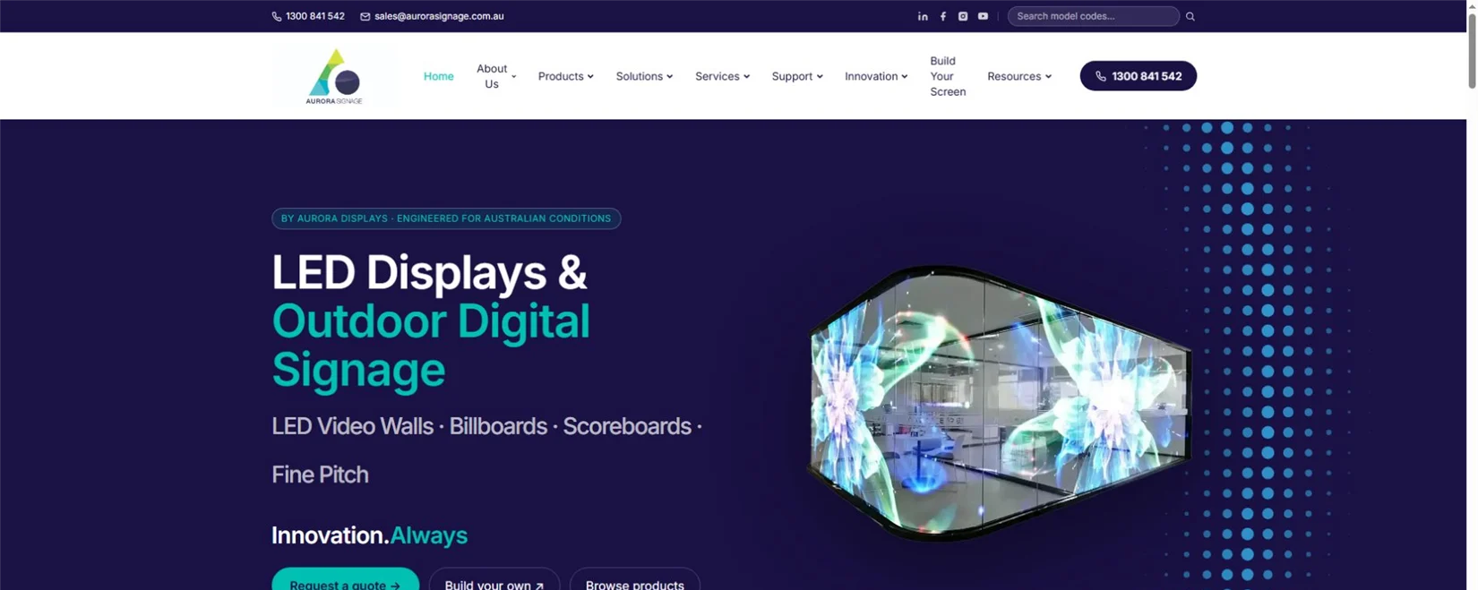 Aurora Signage official homepage showing LED displays engineered for Australian conditions