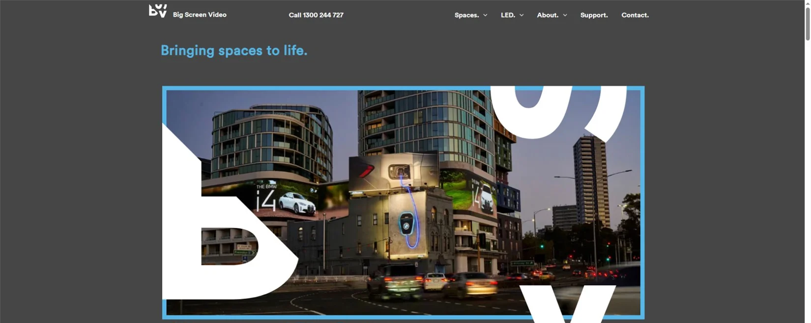 Big Screen Video official homepage showing a large Australian out-of-home LED display installation