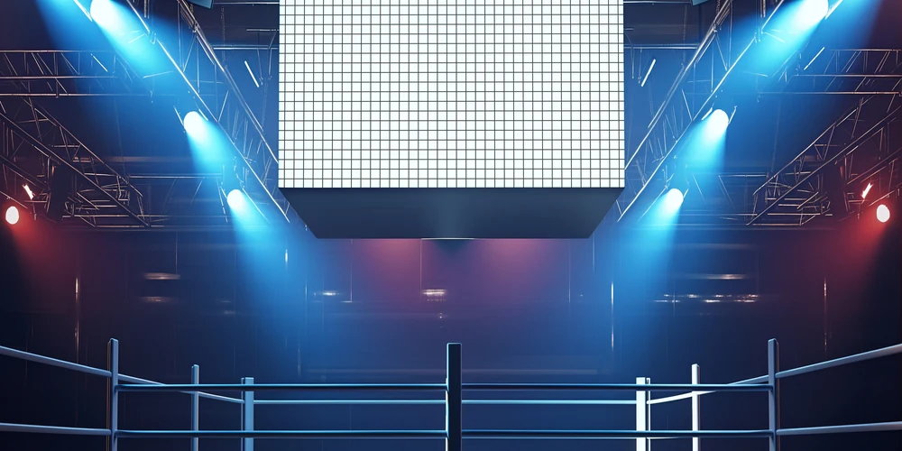 Four-sided mini jumbotron suspended above a boxing ring