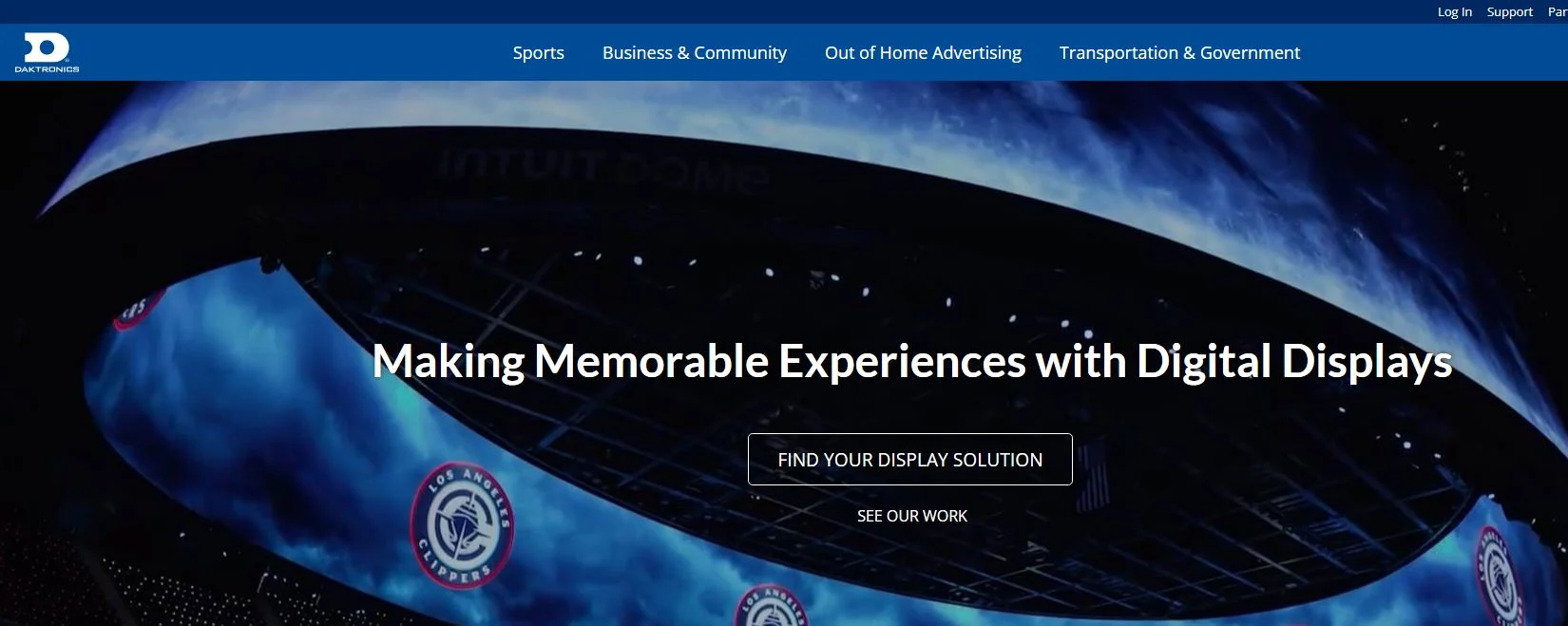 Daktronics official homepage showing a large-format arena digital display installation