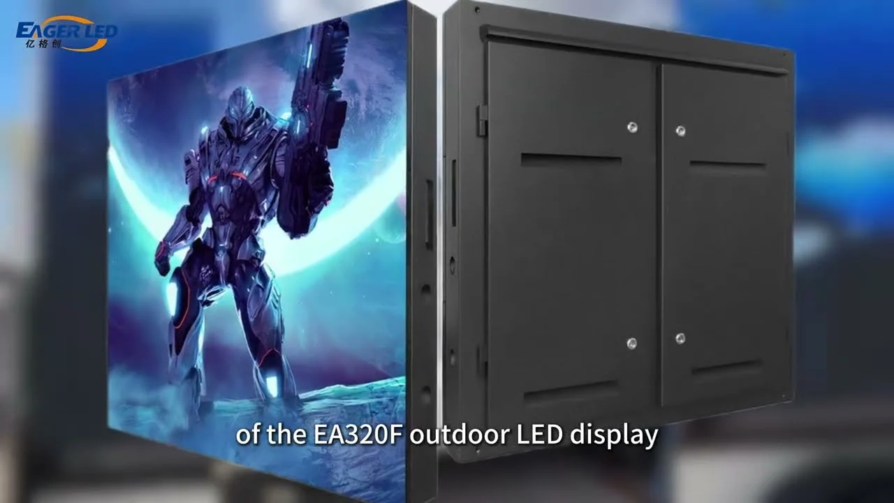 Front and rear view of an EagerLED EA320F outdoor commercial LED cabinet