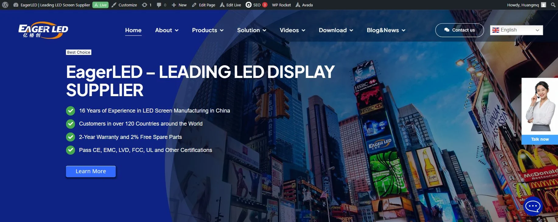 LED Screen Manufacturers in Canada guide featuring the EagerLED homepage over a digital billboard cityscape