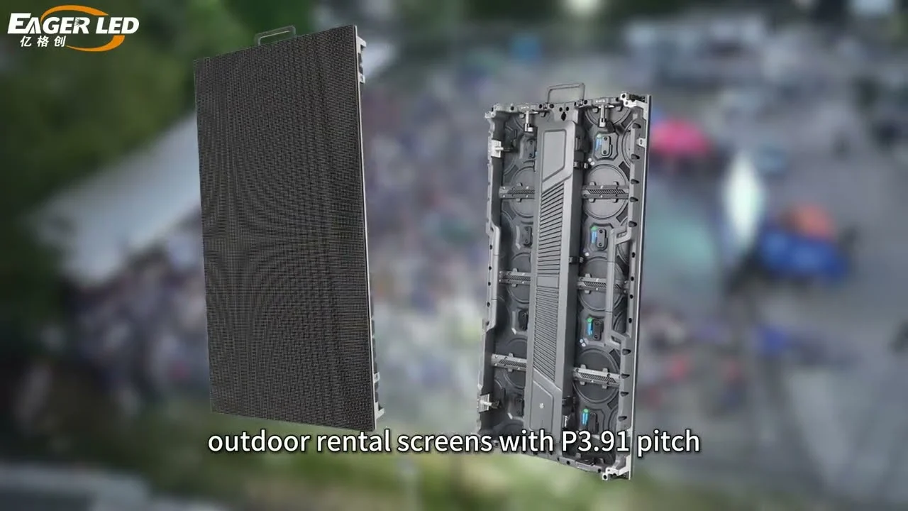 Front and rear view of an EagerLED P3.91 outdoor rental LED cabinet