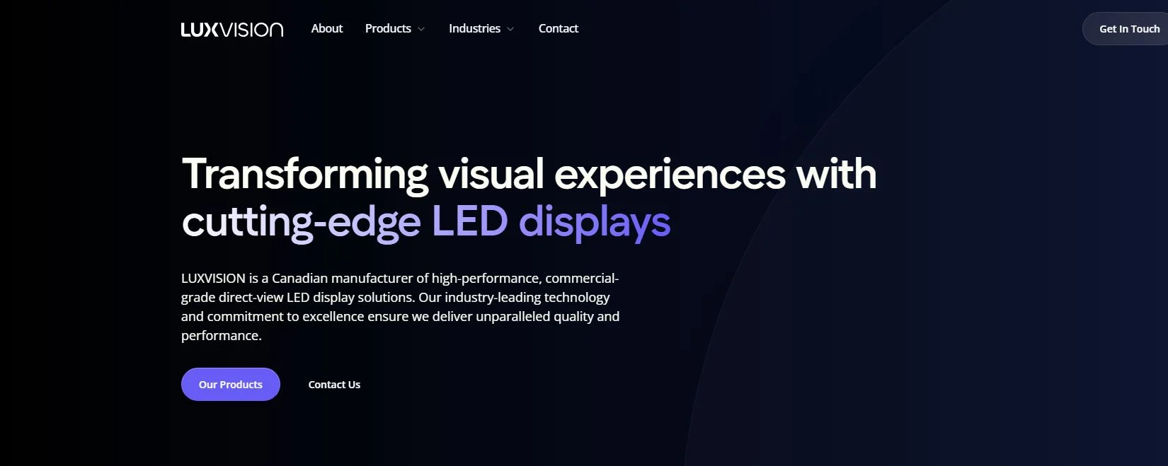 LuxVision LED official homepage showing Canadian commercial LED display solutions