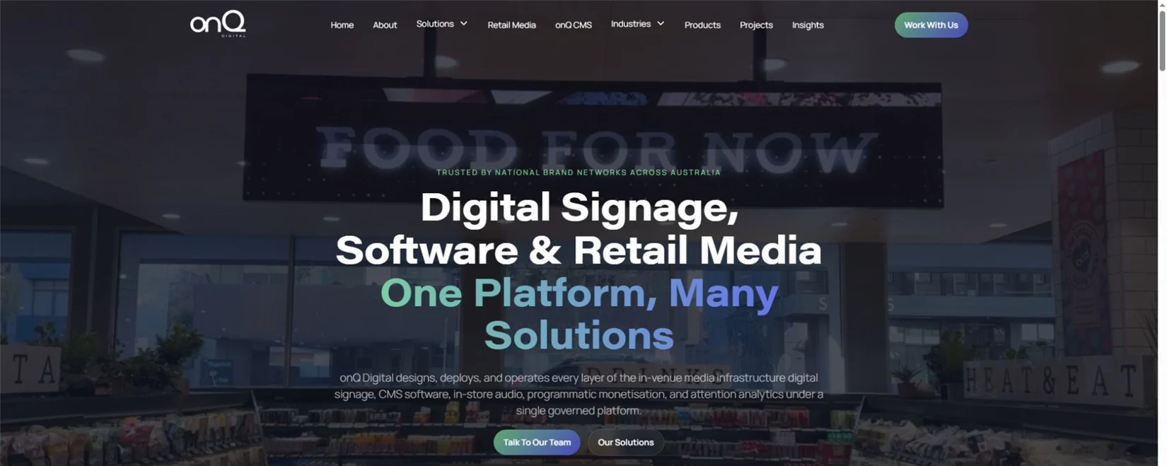 onQ Digital official homepage showing an Australian retail media and digital signage installation