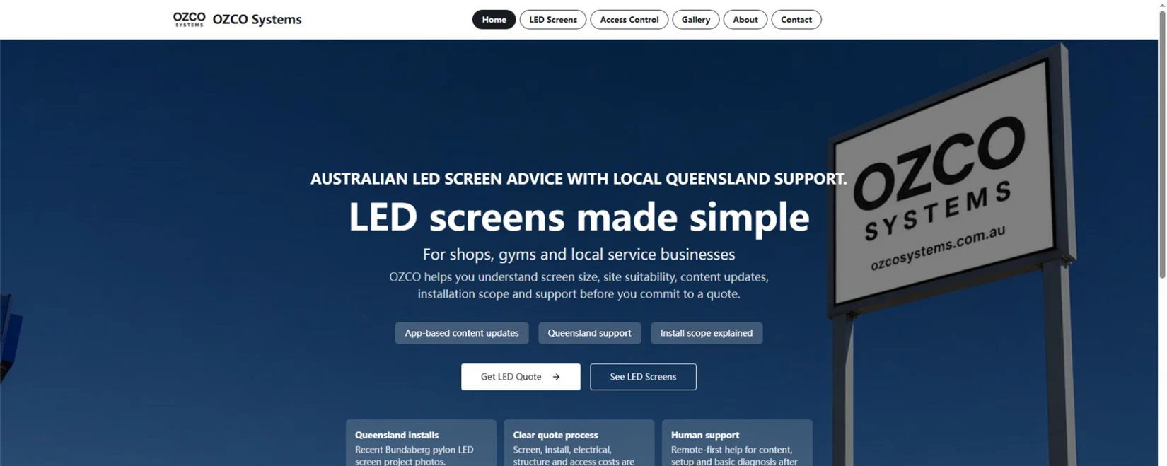 OZCO Systems official homepage showing an outdoor LED sign and Queensland support message