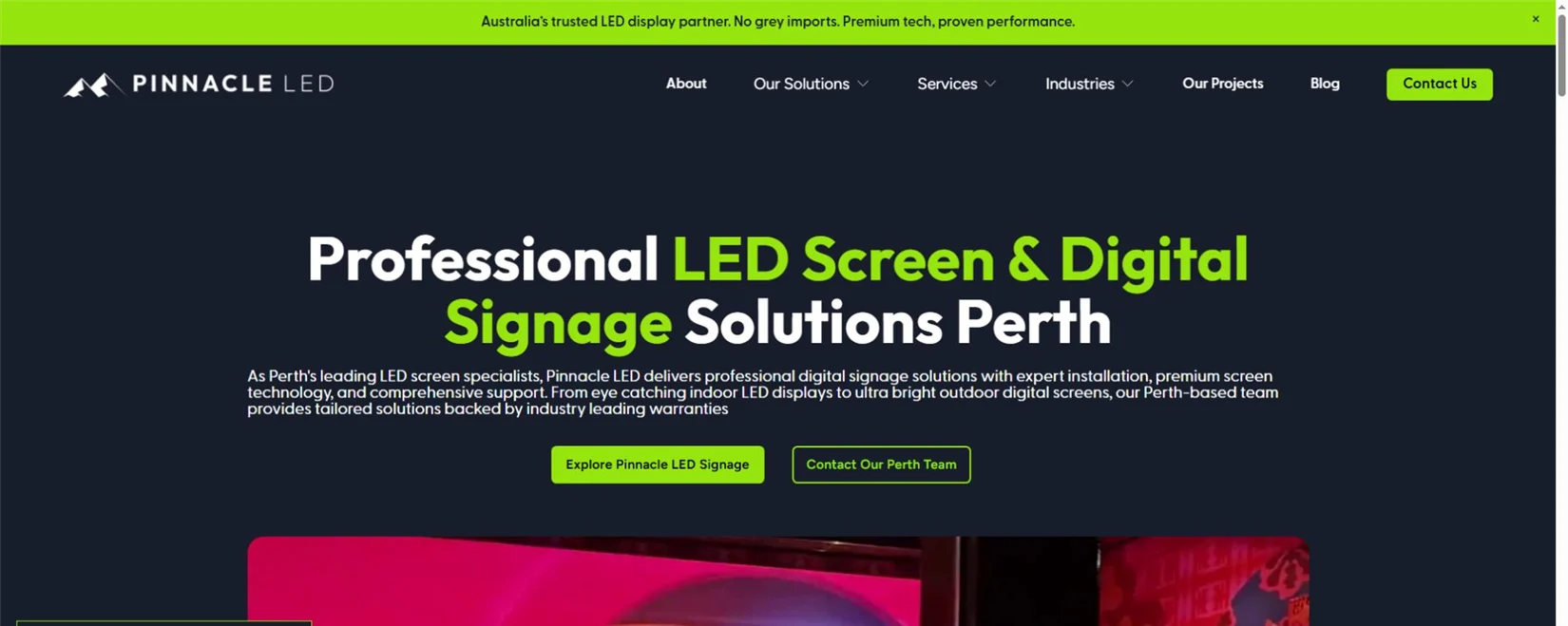 Pinnacle LED official homepage showing professional LED screen and digital signage solutions in Perth