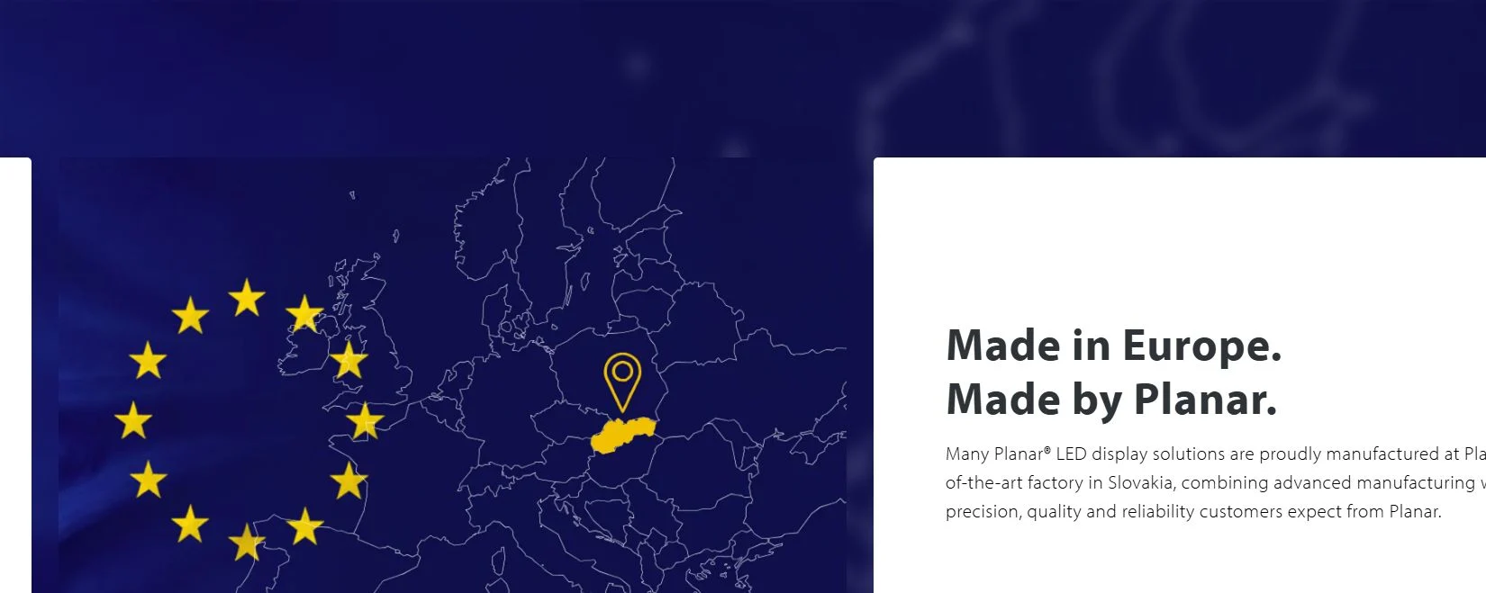Planar official homepage showing its Made in Europe LED display manufacturing hero
