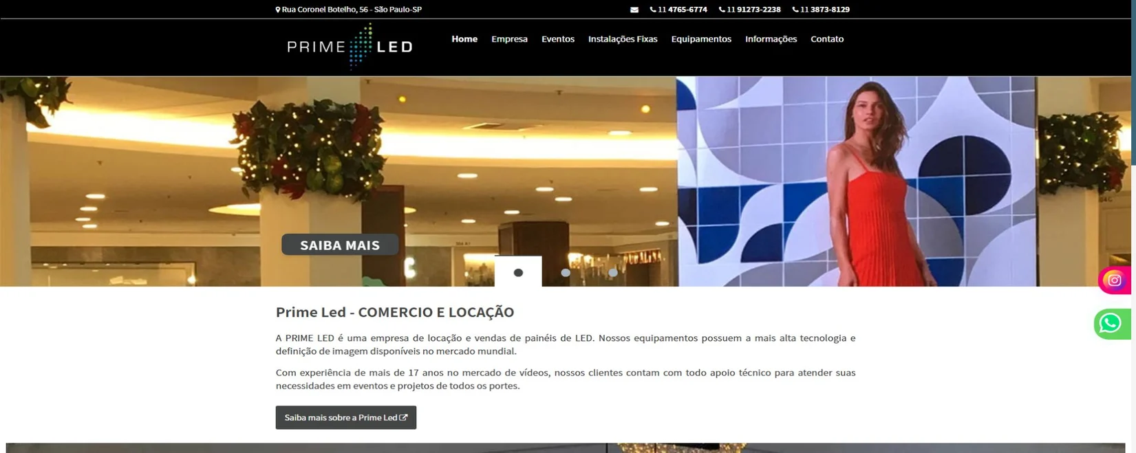 Prime LED Brazil official homepage showing a fixed commercial LED display installation