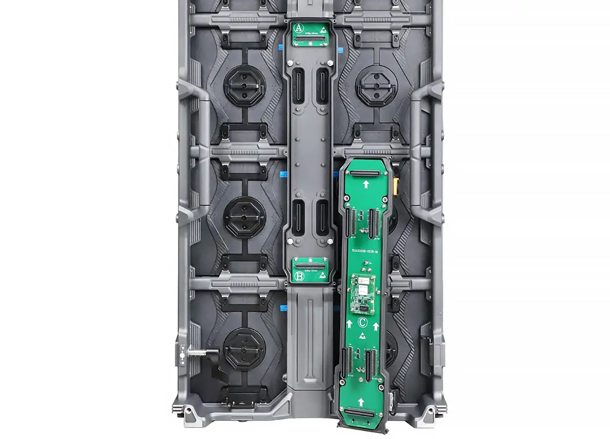 Detachable LED display power box with receiving hardware and protected cabling