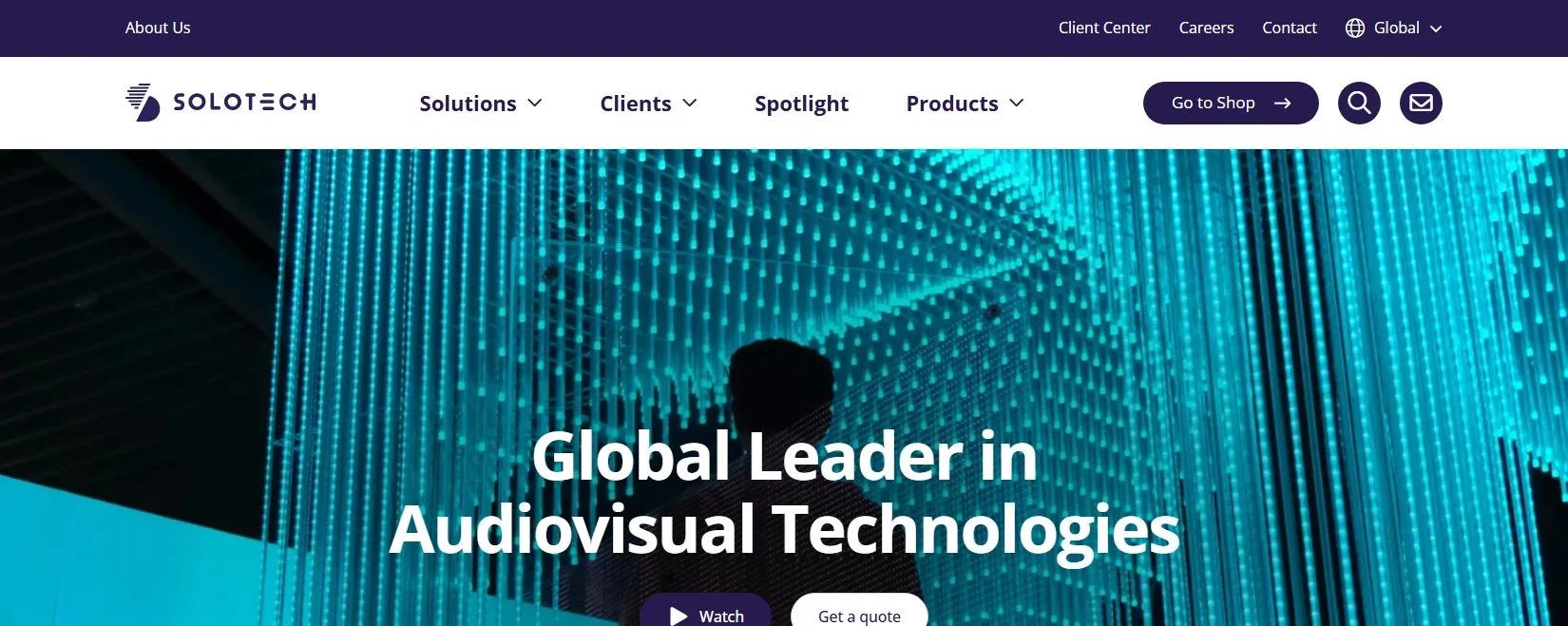Solotech official homepage showing an immersive audiovisual technology installation hero
