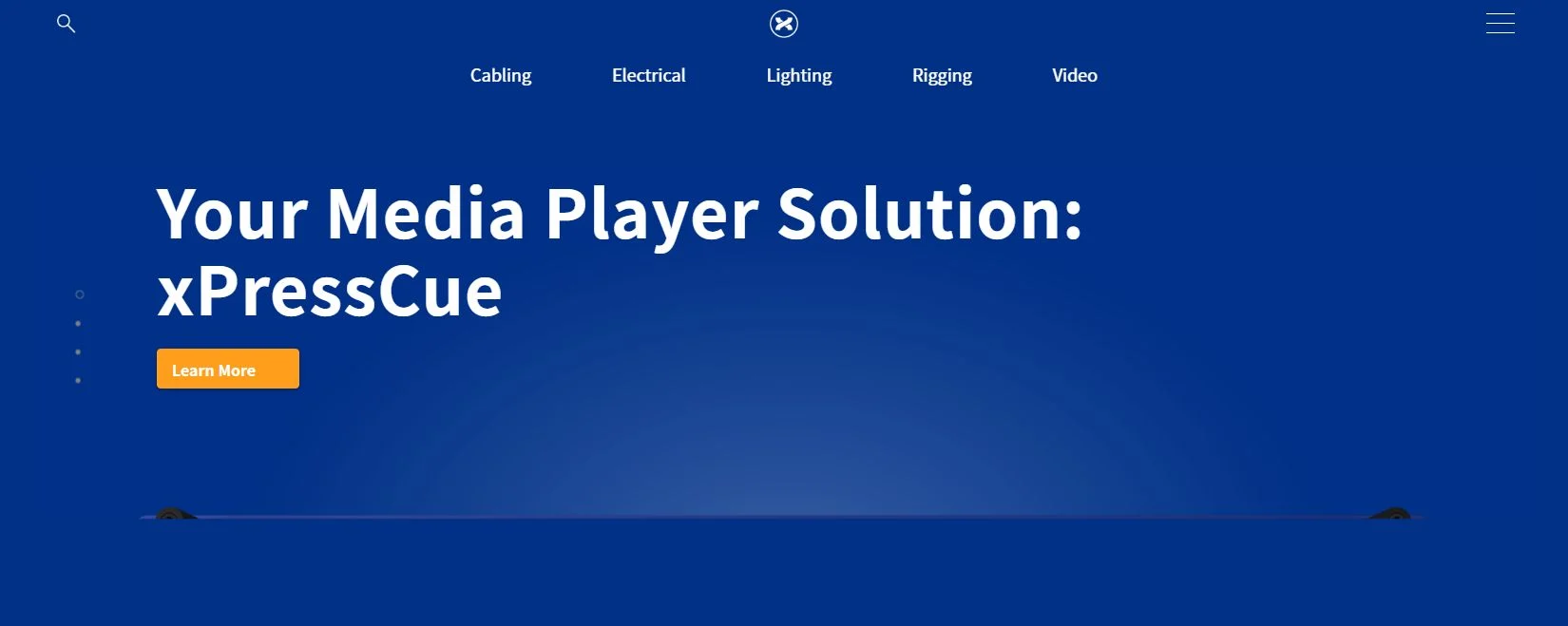 Theatrixx Technologies official homepage showing its xPressCue media player solution hero