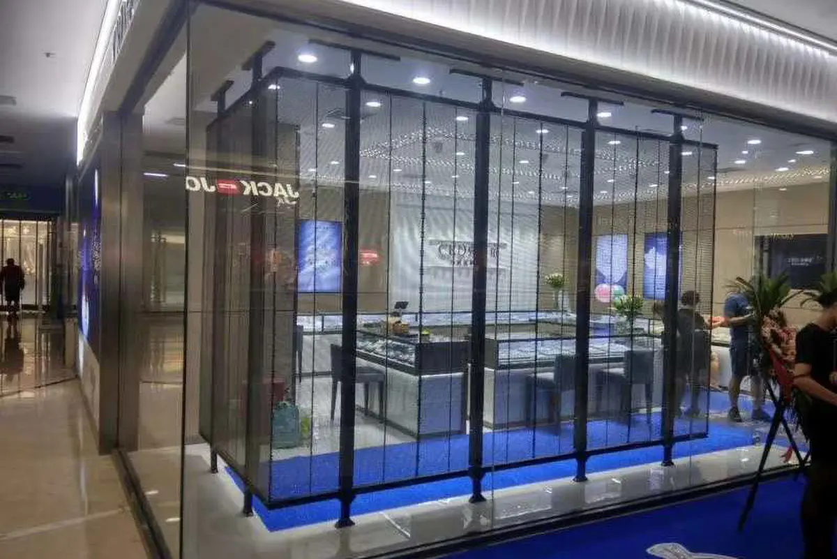 Transparent LED screen installed on a retail shop window
