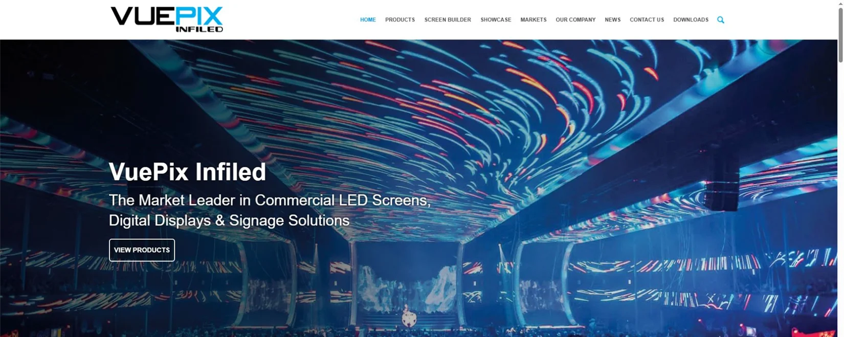 VuePix Infiled official homepage showing an immersive commercial LED screen installation