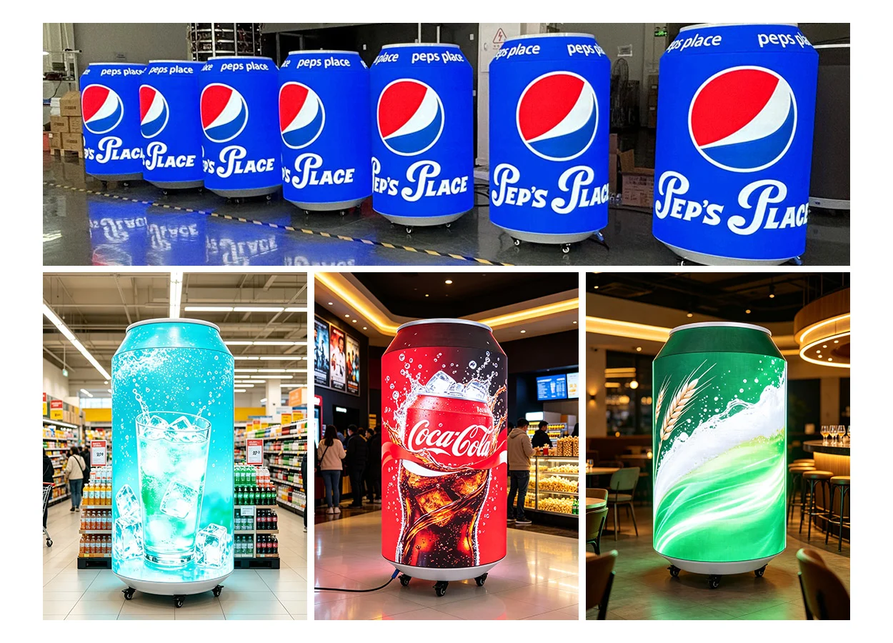 Row of large cylindrical beverage displays wrapped in blue Pepsi branding on a warehouse-like floor.