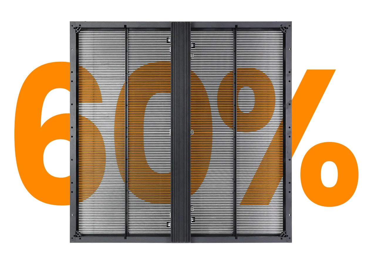 Large orange '60%' text seen behind a vertical metal frame, implying a 60% discount or promotion.
