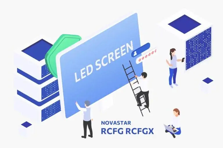 Isometric illustration of a large LED screen being installed by workers, with server racks in the background and a ladder nearby.