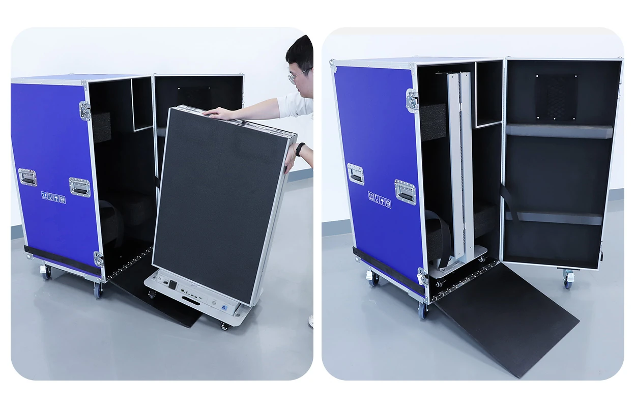 Operator folding and rolling the EA1920iP5 display into a flight case Operator folding and rolling the EA1920iP5 display into a flight case